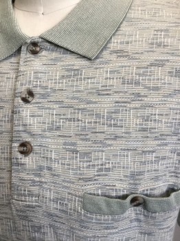DAVID TAYLOR, Sage Green, Off White, Tan Brown, Dk Gray, Cotton, Polyester, Abstract , C.A., 3 Btns Half Placket, 1 Pckt with 1 Btn, S/S, Sage Green Collar, Cuffs, And Hem