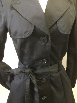 H & M, Black, Poly/Cotton, Solid, 5 Button Single Breasted, Notched Lapel, with Self Belt