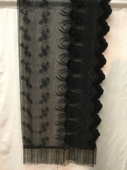 Womens, Shawl 1890s-1910s, N/L, Black, Polyester, Beaded, Floral, 80long, 60wide, Tulle with Appliqué Velvet Floral, Scallopped  Edges, Beaded Fringe,