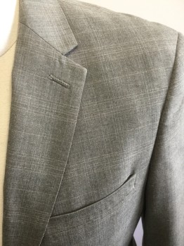 PERRY ELLIS, Lt Gray, Beige, Lt Blue, Polyester, Rayon, Plaid, Single Breasted, 2 Buttons,  Notched Lapel,