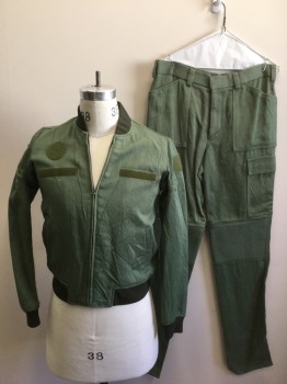 Mens, Sci-Fi/Fantasy Piece 1, N/L MTO, Green, Olive Green, Dk Olive Grn, Synthetic, Solid, S, Bomber Jacket: Bumpy Textured Green Synthetic, Zip Front, Olive Velcro Panels for Patches at Chest and Upper Sleeves, Dark Olive Rib Knit Neck, Cuffs and Waist, Made To Order