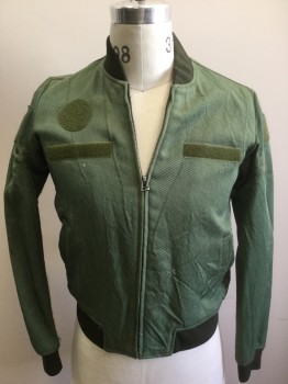 Mens, Sci-Fi/Fantasy Piece 1, N/L MTO, Green, Olive Green, Dk Olive Grn, Synthetic, Solid, S, Bomber Jacket: Bumpy Textured Green Synthetic, Zip Front, Olive Velcro Panels for Patches at Chest and Upper Sleeves, Dark Olive Rib Knit Neck, Cuffs and Waist, Made To Order