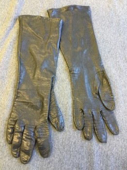 Womens, Gloves 1890s-1910s, Macy Associates, Black, Leather, Solid, High Forearm Length,