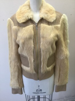 MARC JACOBS, Beige, Tan Brown, Leather, Fur, Solid, Beige Lambskin with Tan Rabbit Fur, Zip Front, Furry Collar Attached, 2 Small Welt Pockets at Front, Lambskin Leather Panels at Shoulders/Back, Cuffs, Waist, 2 Pockets, and Zipper Area, High End Luxury Item