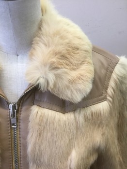 MARC JACOBS, Beige, Tan Brown, Leather, Fur, Solid, Beige Lambskin with Tan Rabbit Fur, Zip Front, Furry Collar Attached, 2 Small Welt Pockets at Front, Lambskin Leather Panels at Shoulders/Back, Cuffs, Waist, 2 Pockets, and Zipper Area, High End Luxury Item