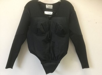 Unisex, Fat Padding, BILL HARGATE, Black, Polyester, Spandex, Solid, B36-42, Black Stretch Satin, Long Sleeves, Zip Front, Female Shape, Belly and Breasts, Hook & Bar Closures at Crotch, Made To Order