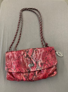 ELIE TAHARI, Raspberry Pink, Black, Leather, Animal Print, Snakeskin, Envelope, Silver Chain with Leather Ribbon Running Through, Double Strap Adjustable to One Long Strap, Silver Clasp, Gathered