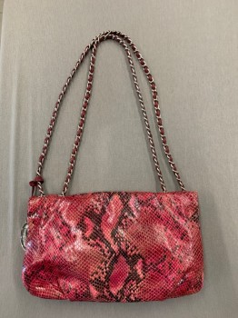 ELIE TAHARI, Raspberry Pink, Black, Leather, Animal Print, Snakeskin, Envelope, Silver Chain with Leather Ribbon Running Through, Double Strap Adjustable to One Long Strap, Silver Clasp, Gathered