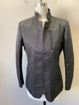D DESIGNS PREMIUM, Dk Gray, Cotton, Polyester, Solid, Stand Collar, Open Front with Button Holes (**Missing Buttons), 3 Pockets, Minimalist Design, Lining is Navy with Burgundy/Olive/Cream Medallion Pattern