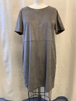 VINCE CAMUTO, Gray, Polyester, Spandex, Solid, Faux Suede, Short Sleeves, Scoop Neck, Waist Seam, Back Zip, Knee Length, *Pen Mark Front Below Waist Seam*
