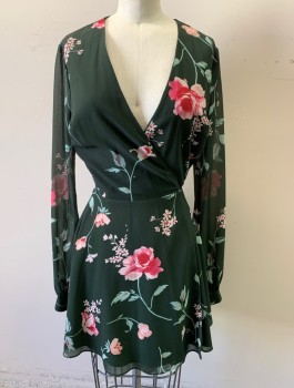 PRIVACY PLEASE, Forest Green, Mint Green, Pink, Polyester, Elastane, Floral, Chiffon, Wrap Dress, V-neck, Hem Above Knee, Sleeves are Sheer/See Through