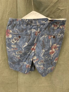ABERCROMBIE & FITCH, Dk Blue, Maroon Red, Gray, Black, Cotton, Floral, Elastic Back Waistband, 4 Pockets, Zip Fly, White Drawstring Waistband