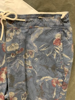 ABERCROMBIE & FITCH, Dk Blue, Maroon Red, Gray, Black, Cotton, Floral, Elastic Back Waistband, 4 Pockets, Zip Fly, White Drawstring Waistband