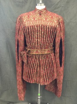 Mens, Historical Fiction Piece 1, MTO, Dk Red, Gold, Bronze Metallic, Silk, Floral, 40, Silk/Lame Floral Brocade, Mandarin Collar, Cartridge Pleats Front From Yoke, Hanging Sleeves - Extra Long Sleeves with Slash, Black Floral Burnout Velvet Long Sleeves, Gathered at Shoulder, Pleated Front Peplum Under Cartridge Pleats, Side Seam Vents, Back Zipper, Royal Doublet