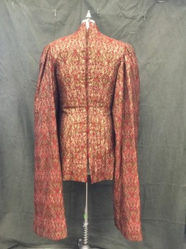 Mens, Historical Fiction Piece 1, MTO, Dk Red, Gold, Bronze Metallic, Silk, Floral, 40, Silk/Lame Floral Brocade, Mandarin Collar, Cartridge Pleats Front From Yoke, Hanging Sleeves - Extra Long Sleeves with Slash, Black Floral Burnout Velvet Long Sleeves, Gathered at Shoulder, Pleated Front Peplum Under Cartridge Pleats, Side Seam Vents, Back Zipper, Royal Doublet