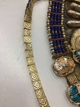 Unisex, Historical Fiction Jewelry, MTO, Gold, Navy Blue, Blue, Orange, Turquoise Blue, Beaded, Metallic/Metal, O/S, Heavily Beaded Collar, Gold & Turquoise Scarabs, Akmenrah, See Photo Attached,