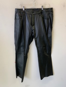 Mens, Leather Pants, DDC LAB, Black, Leather, Solid, Ins:31, W:38, Flat Front, Straight Leg, Zip Fly, 5 Pockets, Belt Loops, Raw/Unfinished Hem