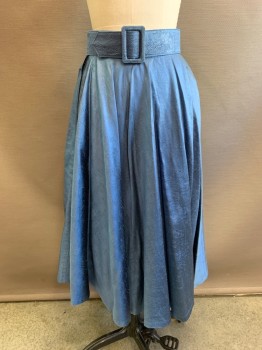 Womens, Skirt, NL, French Blue, Nylon, Floral, W: 24, 2 Piece with Matching Belt, Self Rose Pattern, A-Line, Hem Below Knee, Zip Side