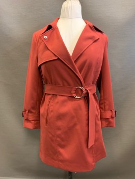 PRIMARK, Brick Red, Polyester, Solid, Double Breasted, Single Snap Front Closure, MATCHING BELTS at Waist and Cuffs, 2 Diagonal Welt Pocket, 1/2 Capelet Right Front