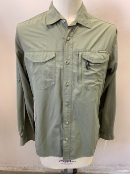 Mens, Casual Shirt, EXOFFICIO, Lt Olive Grn, Nylon, Polyester, Solid, L, Micro Ripstop, Long Sleeves, Button Front, Collar Attached, 2 Pockets, Vented Back with Mesh Inset