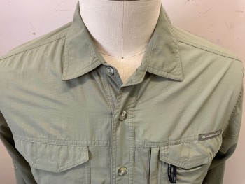Mens, Casual Shirt, EXOFFICIO, Lt Olive Grn, Nylon, Polyester, Solid, L, Micro Ripstop, Long Sleeves, Button Front, Collar Attached, 2 Pockets, Vented Back with Mesh Inset