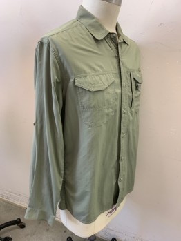 EXOFFICIO, Lt Olive Grn, Nylon, Polyester, Solid, Micro Ripstop, Long Sleeves, Button Front, Collar Attached, 2 Pockets, Vented Back with Mesh Inset