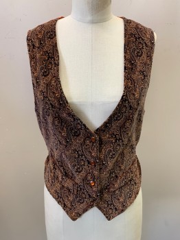 Womens, Vest, JB, Dk Brown, Tan Brown, Orange, Polyester, Paisley/Swirls, B36, Button Front, 4 Buttons, Bronze/Amber Buttons, 2 Faux Pockets, Back Tie,
