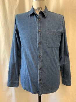 Mens, Casual Shirt, APC, Denim Blue, White, Blue, Cotton, Plaid-  Windowpane, M, Collar Attached, Button Front, Long Sleeves, 1 Pocket
