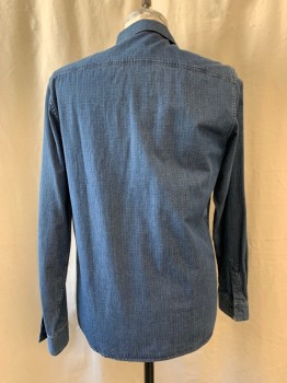 APC, Denim Blue, White, Blue, Cotton, Plaid-  Windowpane, Collar Attached, Button Front, Long Sleeves, 1 Pocket