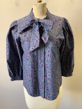 J.CREW, Slate Blue, Plum Purple, Blue, Mauve Pink, Cotton, Floral, Liberty of London Print, 3/4 Sleeves, Button Front, Self Tie Bow Neck, Puffy Gathered Shoulders