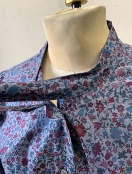 J.CREW, Slate Blue, Plum Purple, Blue, Mauve Pink, Cotton, Floral, Liberty of London Print, 3/4 Sleeves, Button Front, Self Tie Bow Neck, Puffy Gathered Shoulders
