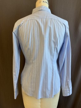 BROOKS BROTHERS, White, Lt Blue, Cotton, Stripes, Collar Attached, Button Front, Hidden Button Placket, Long Sleeves, 2 Button Cuffs