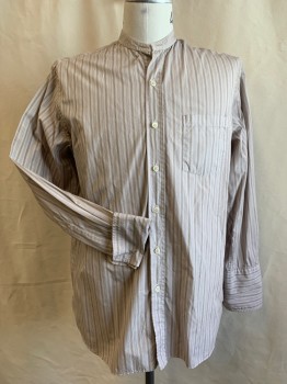 Mens, Shirt 1890s-1910s, MTO/VENICE CUSTOM, Dusty Purple, Brown, Cotton, Stripes, 34, 16, Button Front, Solid Blue/Gray Band Collar, 1 Pocket, Long Sleeves, French Cuff with Button Holes for Cufflinks, Aged Multiple,