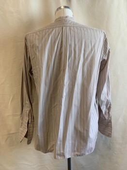 Mens, Shirt 1890s-1910s, MTO/VENICE CUSTOM, Dusty Purple, Brown, Cotton, Stripes, 34, 16, Button Front, Solid Blue/Gray Band Collar, 1 Pocket, Long Sleeves, French Cuff with Button Holes for Cufflinks, Aged Multiple,