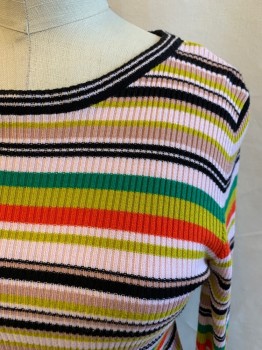 TOPSHOP, Green, Chartreuse Green, Red, Lt Pink, Black, Viscose, Acrylic, Stripes - Horizontal , Ribbed Knit, Scoop Neck, Long Sleeves, Ruffle Cuff