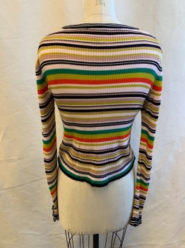 TOPSHOP, Green, Chartreuse Green, Red, Lt Pink, Black, Viscose, Acrylic, Stripes - Horizontal , Ribbed Knit, Scoop Neck, Long Sleeves, Ruffle Cuff