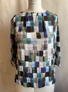 KIN, Green, White, Lt Blue, Violet Purple, Brown, Viscose, Grid , Watercolor Grid Pattern, Pleated at Neck with Keyhole, 3/4 Sleeve, Keyhole Button Loop Back