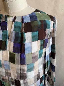 KIN, Green, White, Lt Blue, Violet Purple, Brown, Viscose, Grid , Watercolor Grid Pattern, Pleated at Neck with Keyhole, 3/4 Sleeve, Keyhole Button Loop Back