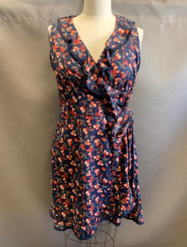 HI THERE, Navy Blue, Peach Orange, Red, Turquoise Blue, Polyester, Leaves/Vines , Novelty Pattern, Cherries on Stems Pattern, Wrap Dress, Wrapped V-neck, Self Ruffle at Neckline, Self Ties at Waist, Knee Length, Invisible Zipper at Side