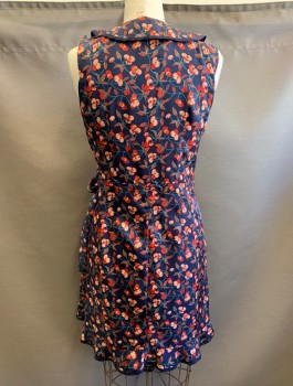 HI THERE, Navy Blue, Peach Orange, Red, Turquoise Blue, Polyester, Leaves/Vines , Novelty Pattern, Cherries on Stems Pattern, Wrap Dress, Wrapped V-neck, Self Ruffle at Neckline, Self Ties at Waist, Knee Length, Invisible Zipper at Side
