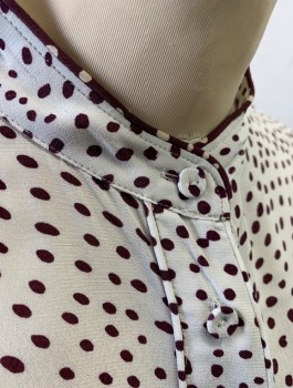RAG & BONE, Off White, Red Burgundy, Viscose, Spots , Long Sleeves, Button Front, Band Collar, Burgundy Piping at Collar & Cuffs, Fabric Covered Buttons