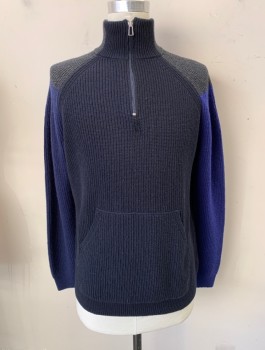 PAUL SMITH, Midnight Blue, Blue, Dk Gray, Wool, Color Blocking, Knit, Mock Neck, 1/4 Snap Front, Long Sleeves