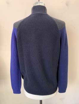 PAUL SMITH, Midnight Blue, Blue, Dk Gray, Wool, Color Blocking, Knit, Mock Neck, 1/4 Snap Front, Long Sleeves