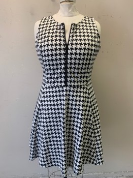 MICHAEL KORS , White, Black, Polyester, Spandex, Houndstooth, Knee Length, Princess Continuous Seam, Zipper at Front, Circle Skirt Bottom, Zipper at Center Back