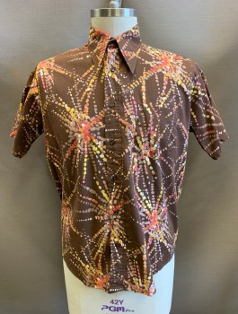 Mens, Casual Shirt, CAMBRIDGE, Brown, Cherry Red, Yellow, Lt Brown, Poly/Cotton, Abstract , L, Short Sleeves, Button Front, Collar Attached, 1 Patch Pocket,