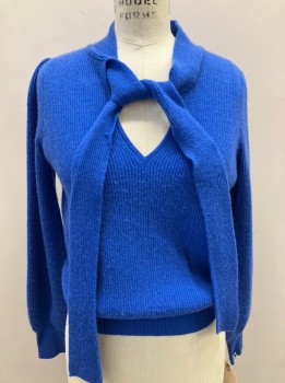 CO, Blue, Wool, Cashmere, L/S, Rib Knit, V-N, with Self Tie Neck