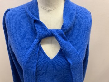 CO, Blue, Wool, Cashmere, L/S, Rib Knit, V-N, with Self Tie Neck