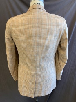 Mens, Blazer/Sport Co, NL, Lt Brown, Beige, Blue, Wool, Glen Plaid, 44L, Notched Lapel, Single Breasted, Button Front, 2 Buttons, 3 Pockets