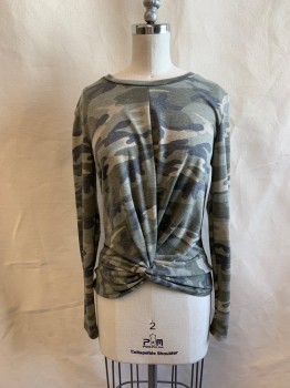 AQUA, Olive Green, Dk Olive Grn, Charcoal Gray, Polyester, Rayon, Camouflage, CN, L/S, Knotted at Waist