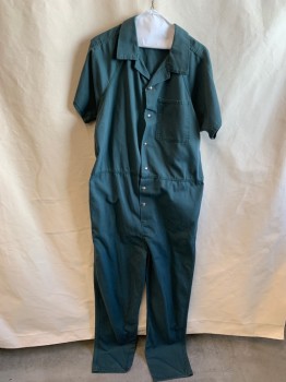 Mens, Coveralls Men, BOB BARKER, Forest Green, Cotton, Polyester, Solid, L, C.A., Zip Front, S/S, 1 Pocket, Snap Front, Elastic Waist *Slightly Worn*